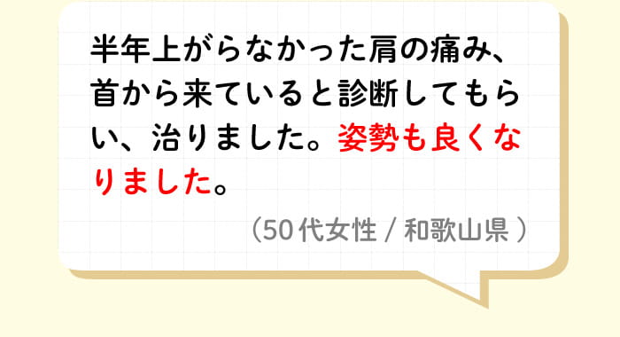 半年上がらなかった肩の痛み、首から来ていると診断してもらい、治りました。姿勢も良くなりました。(50代女性/和歌山県)
