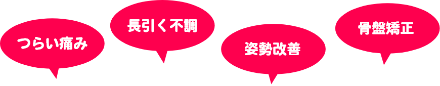 つらい痛み、長引く不調、姿勢改善、骨盤矯正